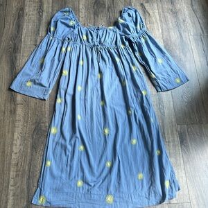 Free People Blue Maxi dress w embroidered yellow flowers